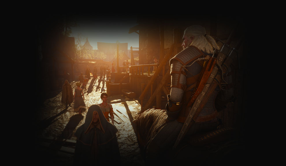 Geralt exploring a city on horseback