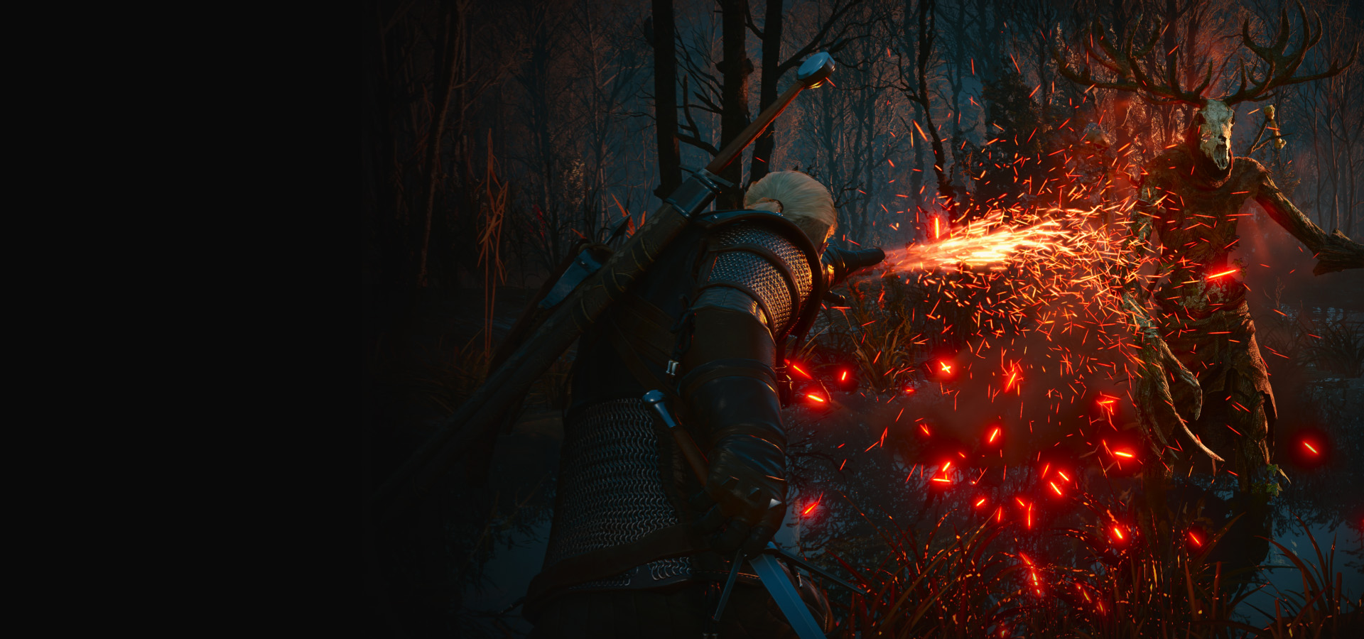Geralt casting Igni at a leshen in a dark forest