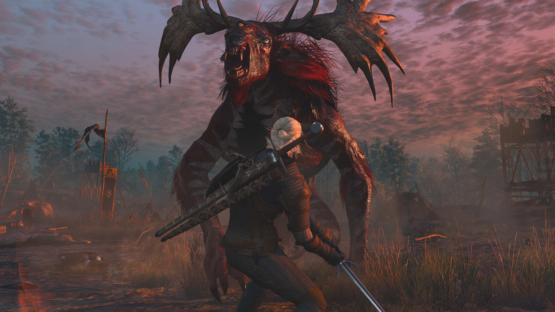 Geralt confronting a horned chort at dusk