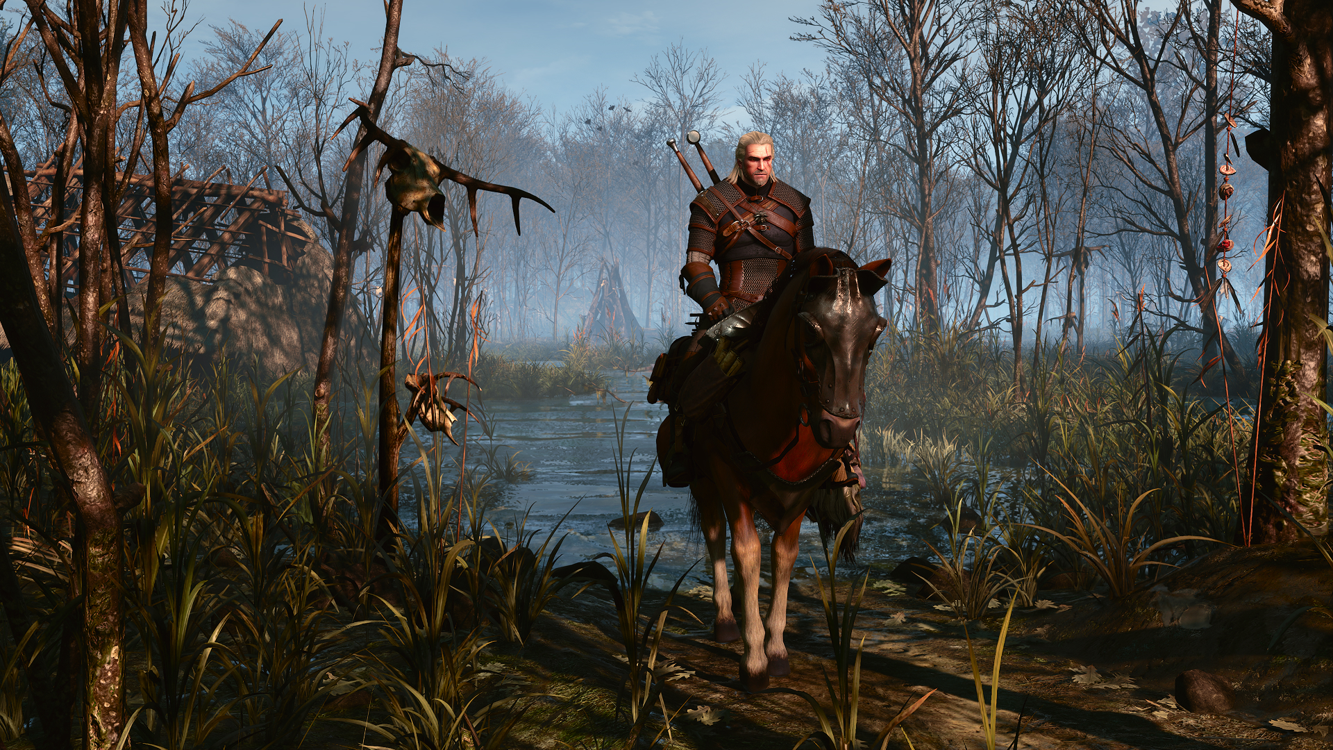 Geralt riding through a misty woodland marsh